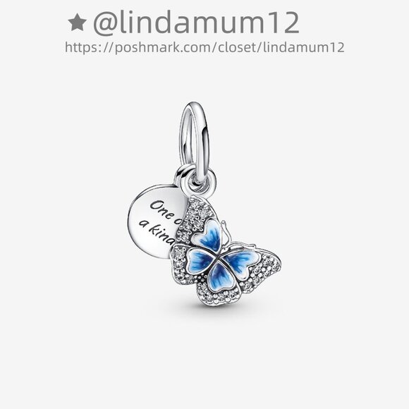 Pandora Blue Butterfly & Quote Double Dangle Charm - Picture 1 of 6